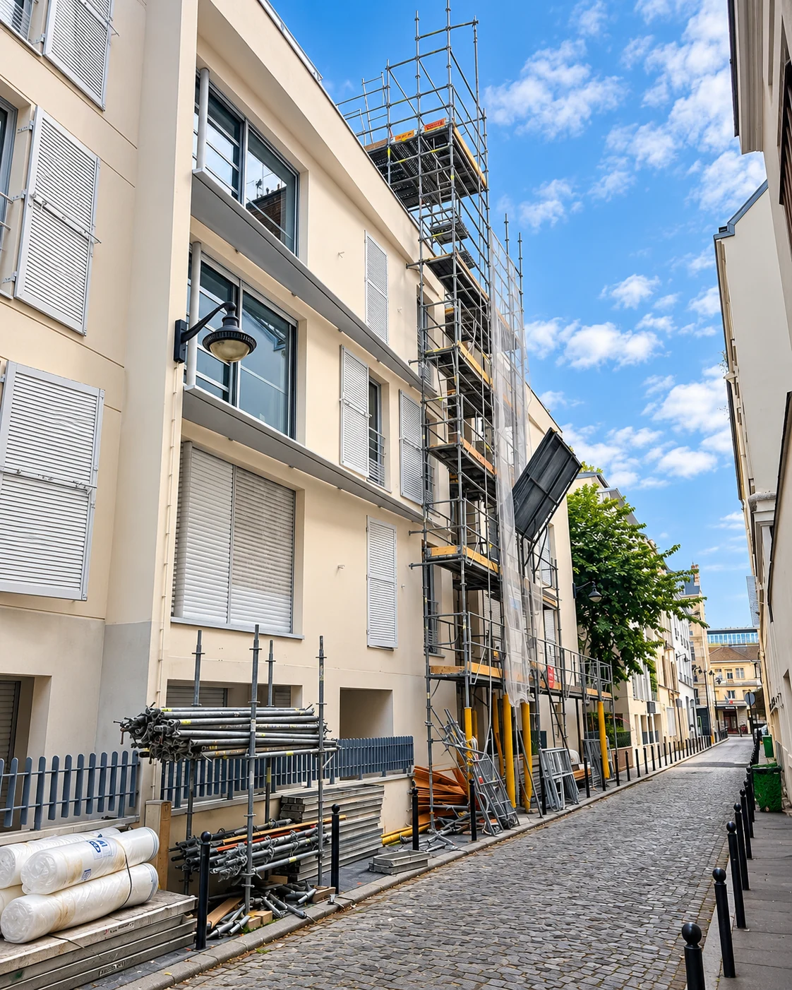 Chantier de ravalement en cours avec échafaudages montés sur la façade d'un immeuble