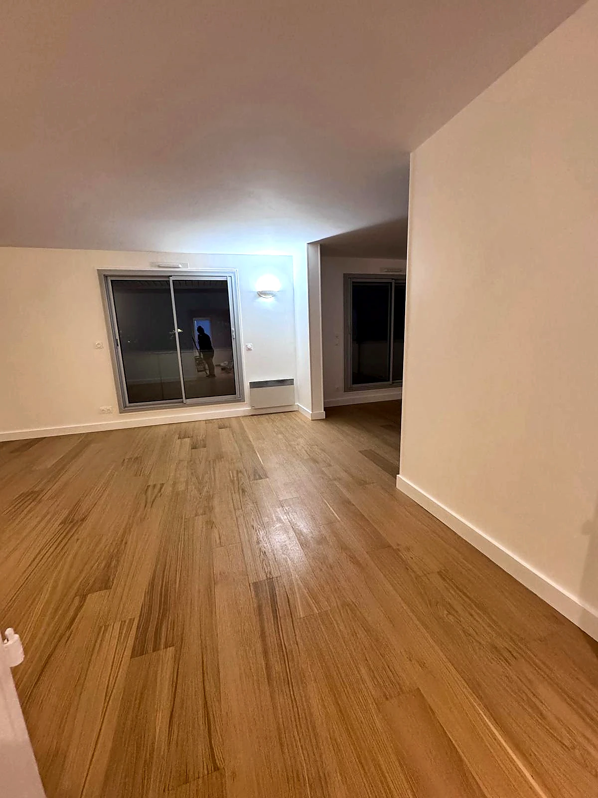 Salon rénové avec parquet bois clair et mise en peinture soignée
